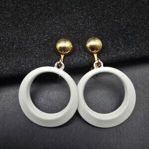 Mari White Enamel Hoop Earrings Clip On Dangle Drop